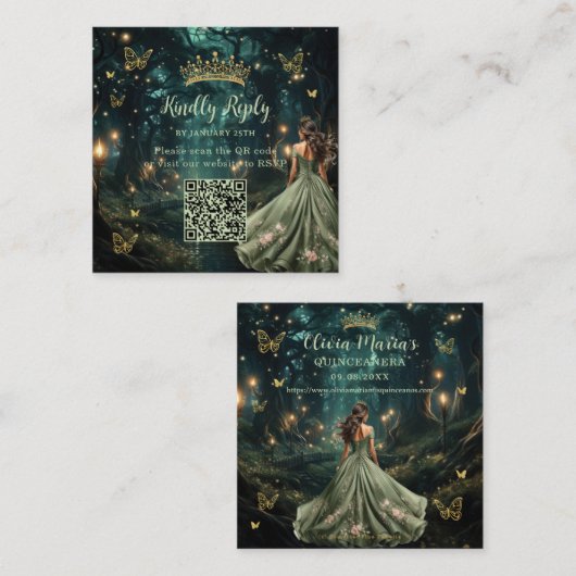 Enchanted Forest Sage Green Quinceañera QR RSVP Informatiekaartje (Voorkant / Achterkant)