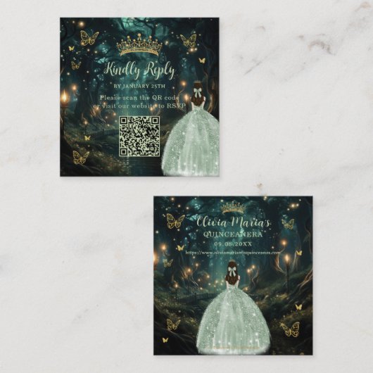 Enchanted Forest Sage Green Quinceañera QR RSVP Informatiekaartje (Voorkant / Achterkant)