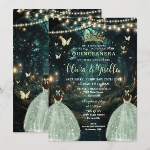 Enchanted Forest Sage Green Twins Quinceañera Kaart
