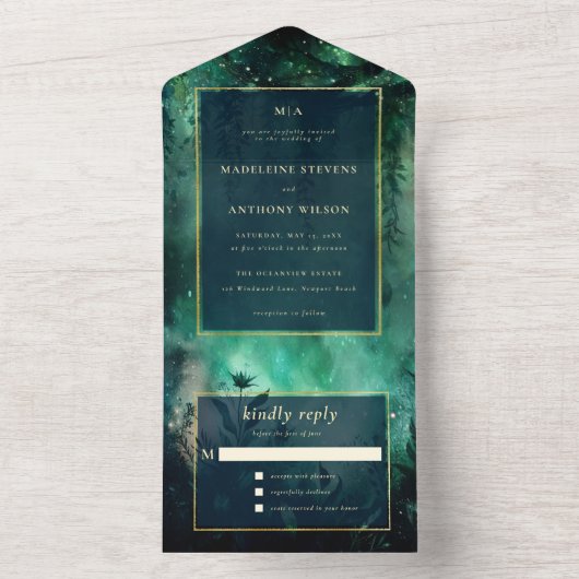 Enchanted Forest Sprookjesachtig groen gouden brui All In One Uitnodiging (Binnen)