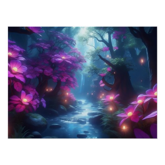 Enchanted Forest Stream - Glowing Flowers Fantasy Perfect Poster (Voorkant)