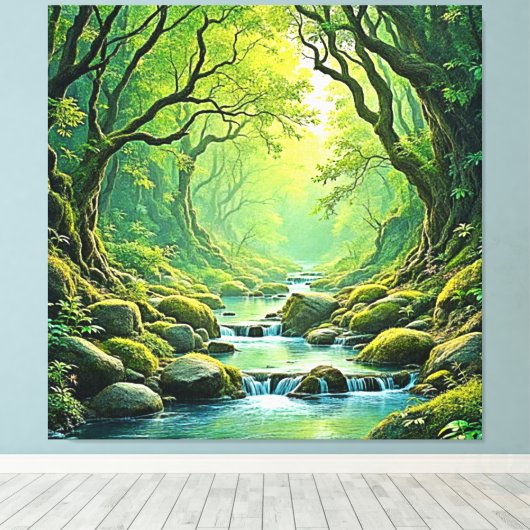 Enchanted Forest Stream-ontwerp Canvas Afdruk (Insitu (Houten vloer))