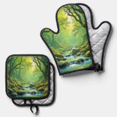 Enchanted Forest Stream-ontwerp Ovenwant & Pannenlap Set (Voorkant / Achterkant)