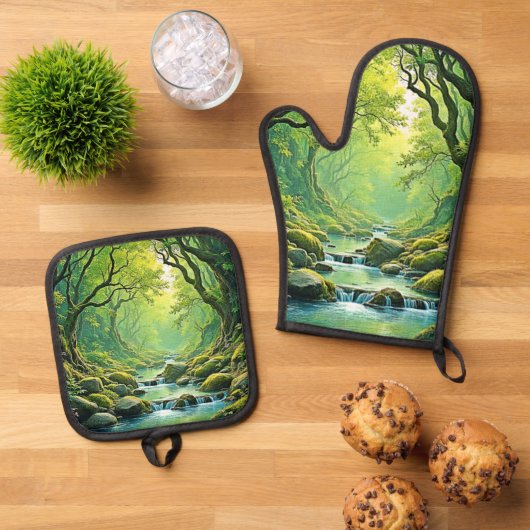 Enchanted Forest Stream-ontwerp Ovenwant & Pannenlap Set (Top down)