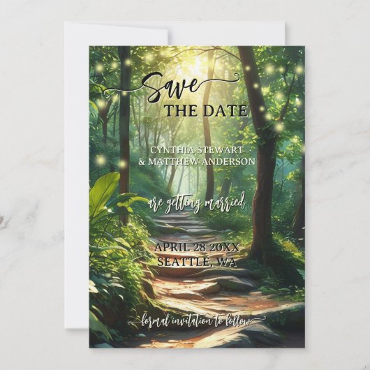 Enchanted Forest String Lights Save the Date Kaart (Voorkant)