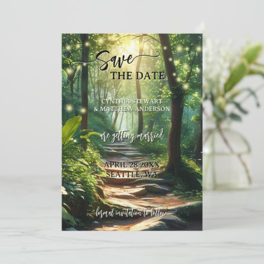 Enchanted Forest String Lights Save the Date Kaart (Staand voorkant)