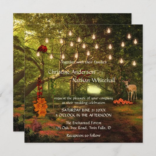Enchanted Forest String Lights Wedding Invitation Kaart (Voorkant / Achterkant)