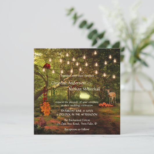 Enchanted Forest String Lights Wedding Invitation Kaart (Staand voorkant)