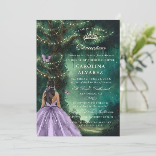 Enchanted Forest Tree Groene Lavendel Quinceanera Kaart (Staand voorkant)