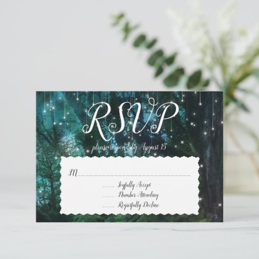 Enchanted Forest Trees Fairy Lights RSVP Response Kaart (Staand voorkant)
