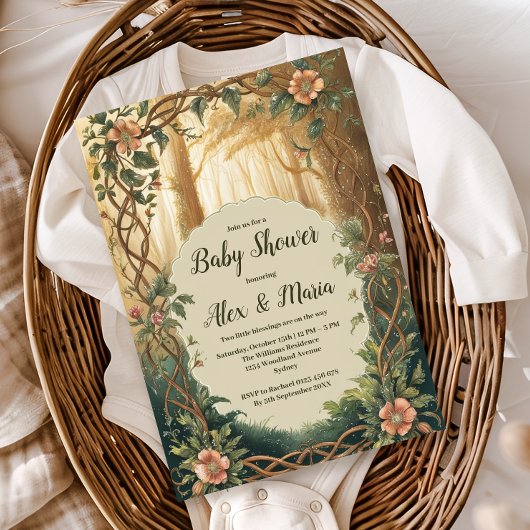 Enchanted Forest Twins Baby Shower Kaart
