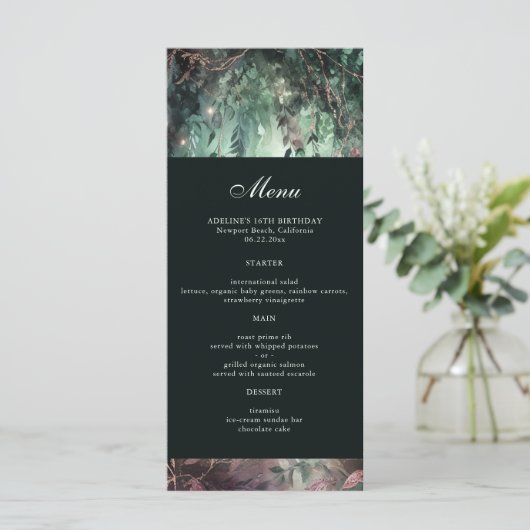 Enchanted Forest Vines Gold Mauve Elegant Menu (Staand voorkant)