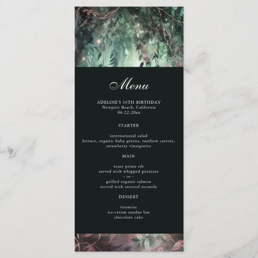 Enchanted Forest Vines Gold Mauve Elegant Menu (Voorkant)