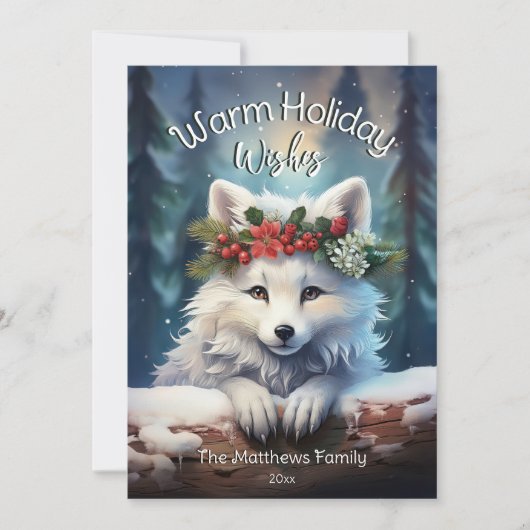 Enchanted Forest Warme Kerstwensen Arctic Fox Feestdagenkaart (Voorkant)