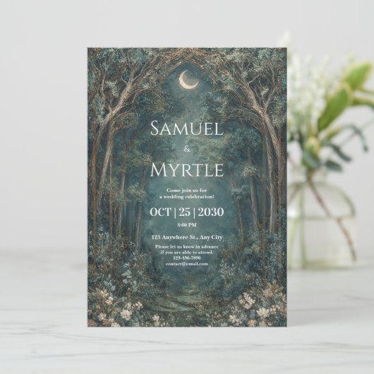 Enchanted Forest Wedding Invitation Moonlit Arch Kaart (Staand voorkant)