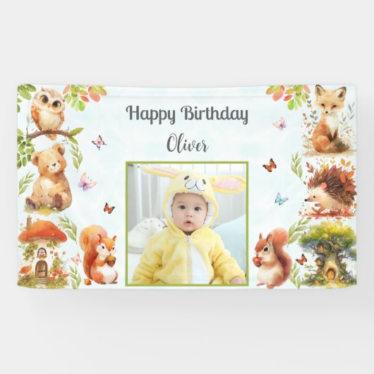 Enchanted Forest Wild One Boy Foto Verjaardagsfees Spandoek (Horizontaal)