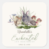 Enchanted Forest Woodland Animals Cream Verjaardag Vierkante Sticker (Voorkant)