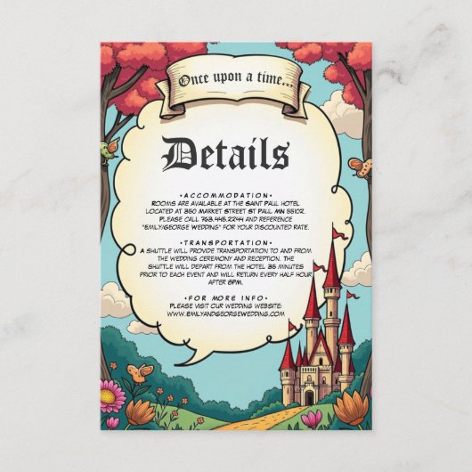Enchanted Forest Woodland Castle Sprookjeshuwelijk Informatiekaartje (Voorkant)