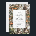 Enchanted Forest Woodland Wedding Invitation Kaart<br><div class="desc">Een geïllustreerde, op het bos geïnspireerde huwelijksuitnodiging, met paddenstoelen, verspreide dennenappels en zachte veren genesteld tussen mossy greens en natuurlijke texturen, roept de dromerige charme op van een betoverd bos. Ideaal voor liefhebbers van natuur, bruiloften in het bos en iedereen die zich aangetrokken voelt tot de zachte schoonheid van het...</div>