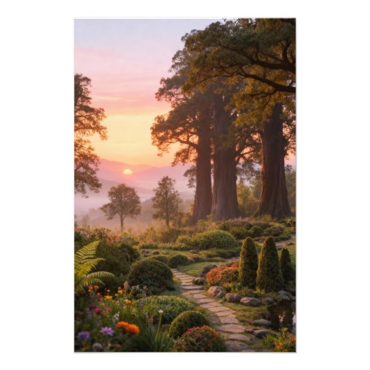 Enchanted Garden at Dawn Majestic Trees Foto Afdruk (Voorkant)