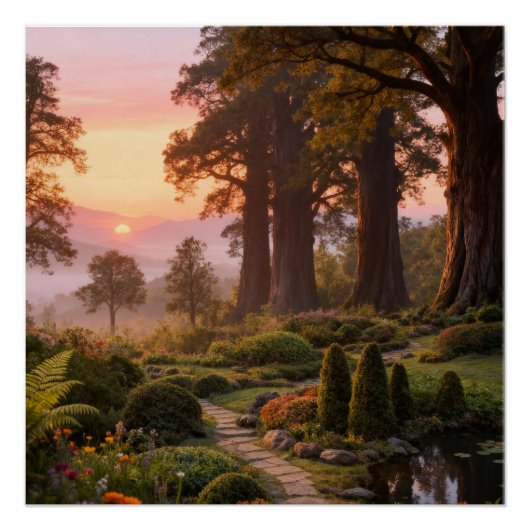 Enchanted Garden at Dawn Majestic Trees Perfect Poster (Voorkant)