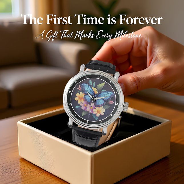 Enchanted Garden" - Blue Butterfly & Floral Horloge (Creator heeft geüpload)