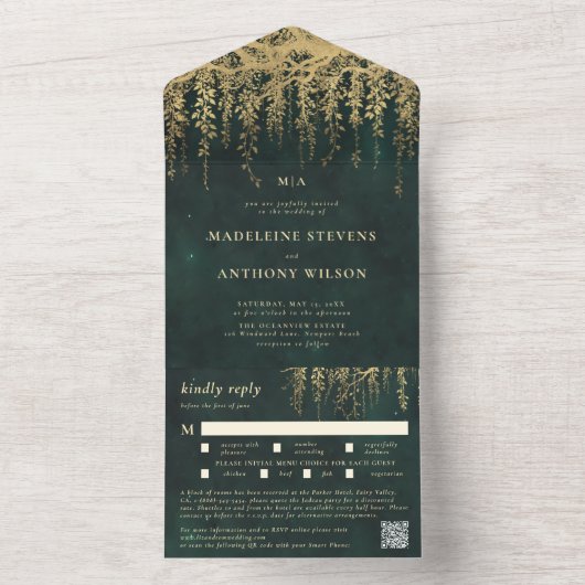 Enchanted Garden Emerald Gold Fairy Forest Wedding All In One Uitnodiging (Binnen)