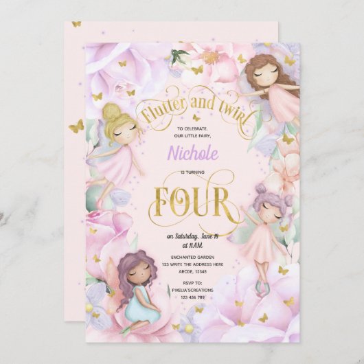 Enchanted garden fairy, meisje 4-jarig uitnodiging (Voorkant / Achterkant)