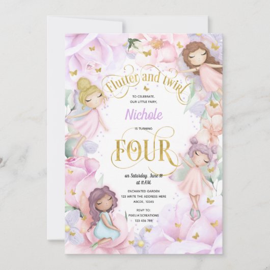 Enchanted garden fairy, meisje 4-jarig uitnodiging (Voorkant)