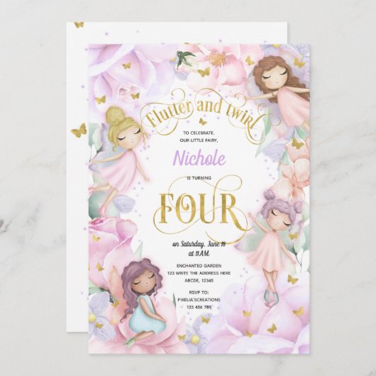 Enchanted garden fairy, meisje 4-jarig uitnodiging (Voorkant / Achterkant)