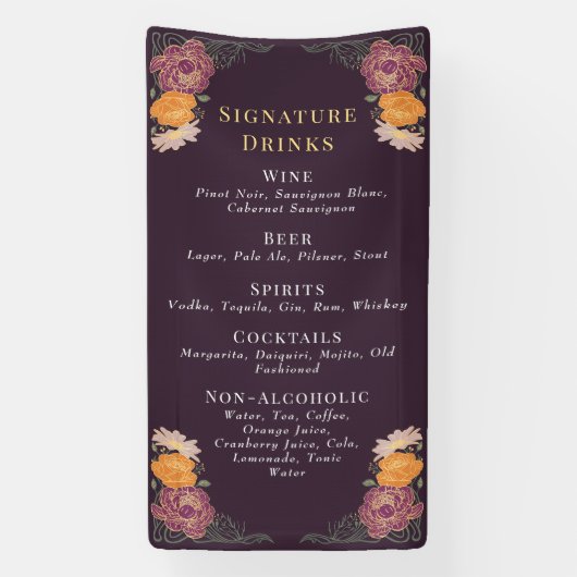 Enchanted Garden Floral Wedding Drinken Bar Menu Spandoek (Verticaal)