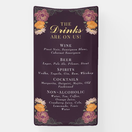 Enchanted Garden Floral Wedding Drinken Bar Menu Spandoek (Verticaal)