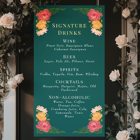 Enchanted Garden Floral Wedding Drinken Bar Menu Spandoek