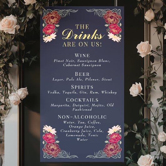 Enchanted Garden Floral Wedding Drinken Bar Menu Spandoek