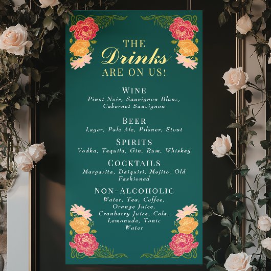 Enchanted Garden Floral Wedding Drinken Bar Menu Spandoek