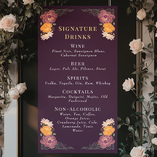 Enchanted Garden Floral Wedding Drinken Bar Menu Spandoek