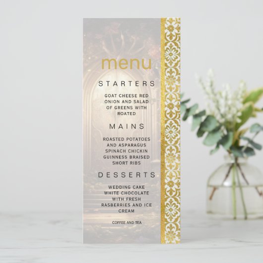 Enchanted Garden Gate Wedding Menu Kaart (Staand voorkant)