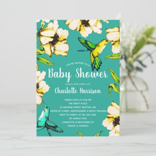 Enchanted Garden Hummingbirds & Floral Baby shower Kaart (Staand voorkant)