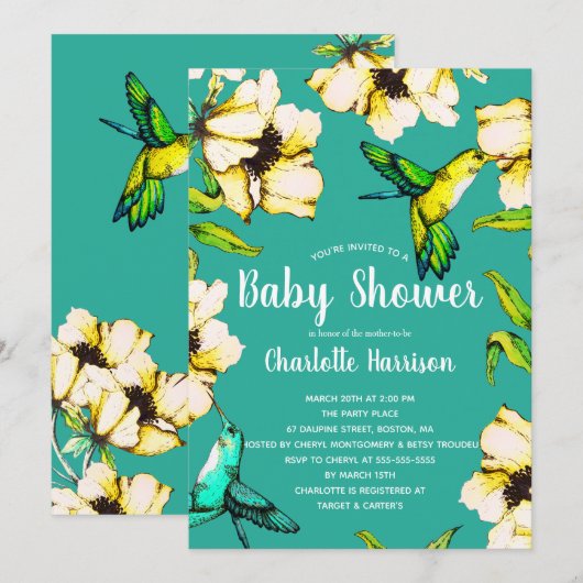Enchanted Garden Hummingbirds & Floral Baby shower Kaart (Voorkant / Achterkant)
