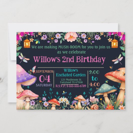 Enchanted Garden Mushroom Birthday Party Invite Kaart (Voorkant)