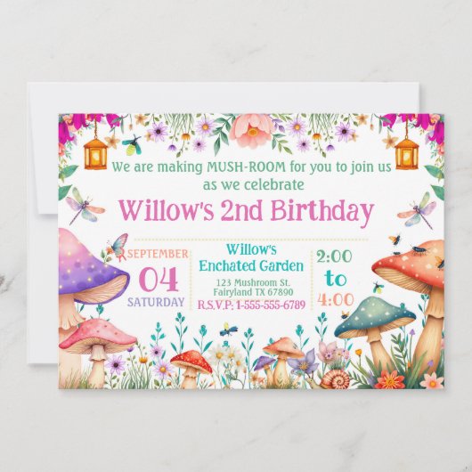 Enchanted Garden Mushroom Birthday Party Invite Kaart (Voorkant)