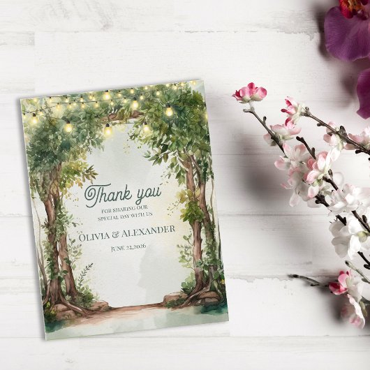 Enchanted Garden String Lights Wedding Thank You Briefkaart
