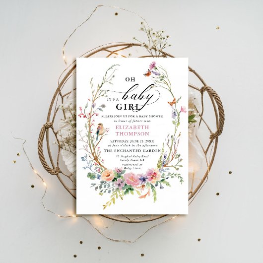 Enchanted Garden Wildflowers Whimsical Baby shower Kaart