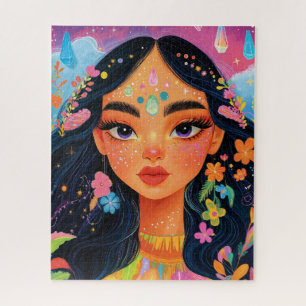 Enchanted Girl Portret met bloemen en kristallen Legpuzzel