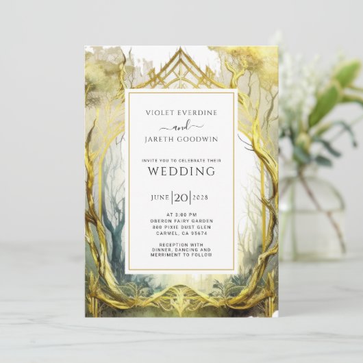 Enchanted Gold Forest Portal bruiloft uitnodiging (Staand voorkant)