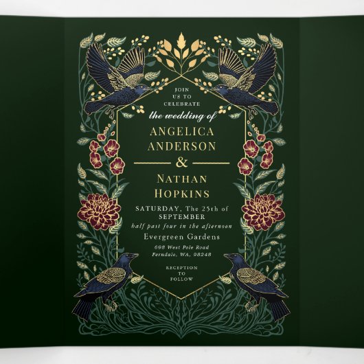 Enchanted Gothic Raven Snapdragon Dahlia Wedding Drieluik Uitnodiging (Binnenkant midden)