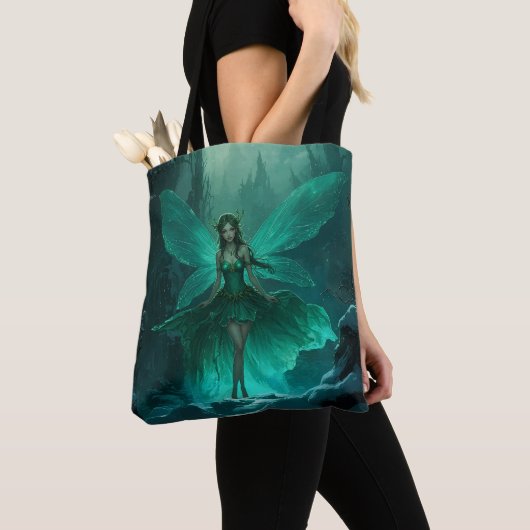 Enchanted Green Fairy Winter Forest Kerstmis Tote Bag (Dichtbij)