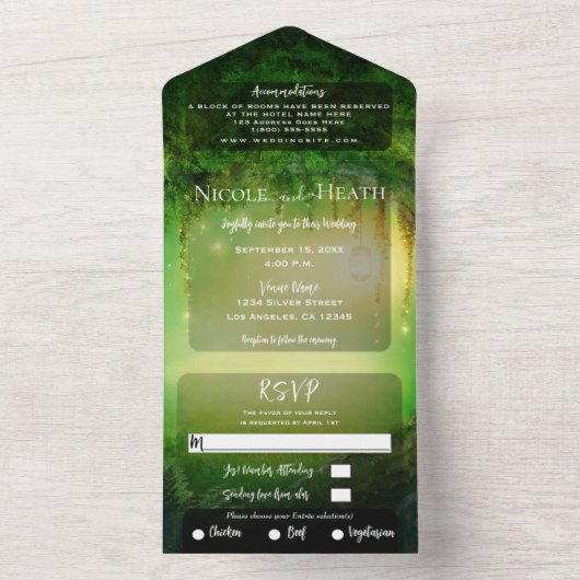 Enchanted Green Glow Forest Bossen Wedding All In One Uitnodiging (Binnen)