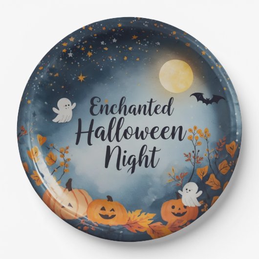 Enchanted Halloween Night Paper Plate – Cute Ghost Papieren Bordje (Voorkant)