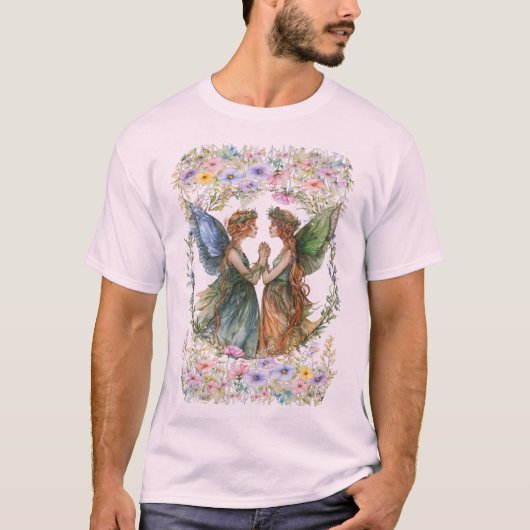 Enchanted Harmony: Fairy Duo onder Bloemen T-shirt (Voorkant)